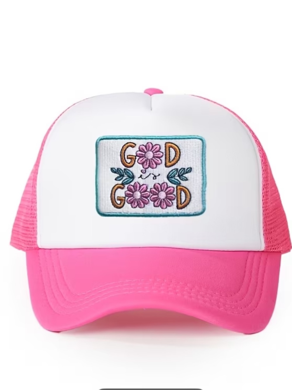 God is Good Floral Embroidered Patch Trucker Hat in Pink and White Adjustable